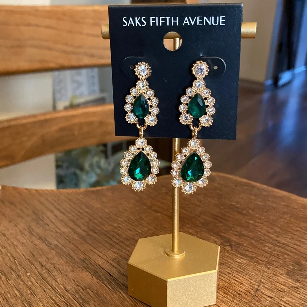 Saks Fifth Avenue Emerald Green Crystal & Rhinestone Dangle Earrings NWT